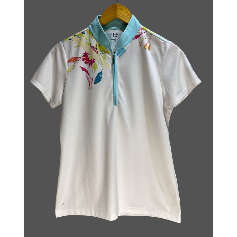 EP New York Womens Golf Polo Shirt White Floral Quarter Zip Short Sleeve Size M